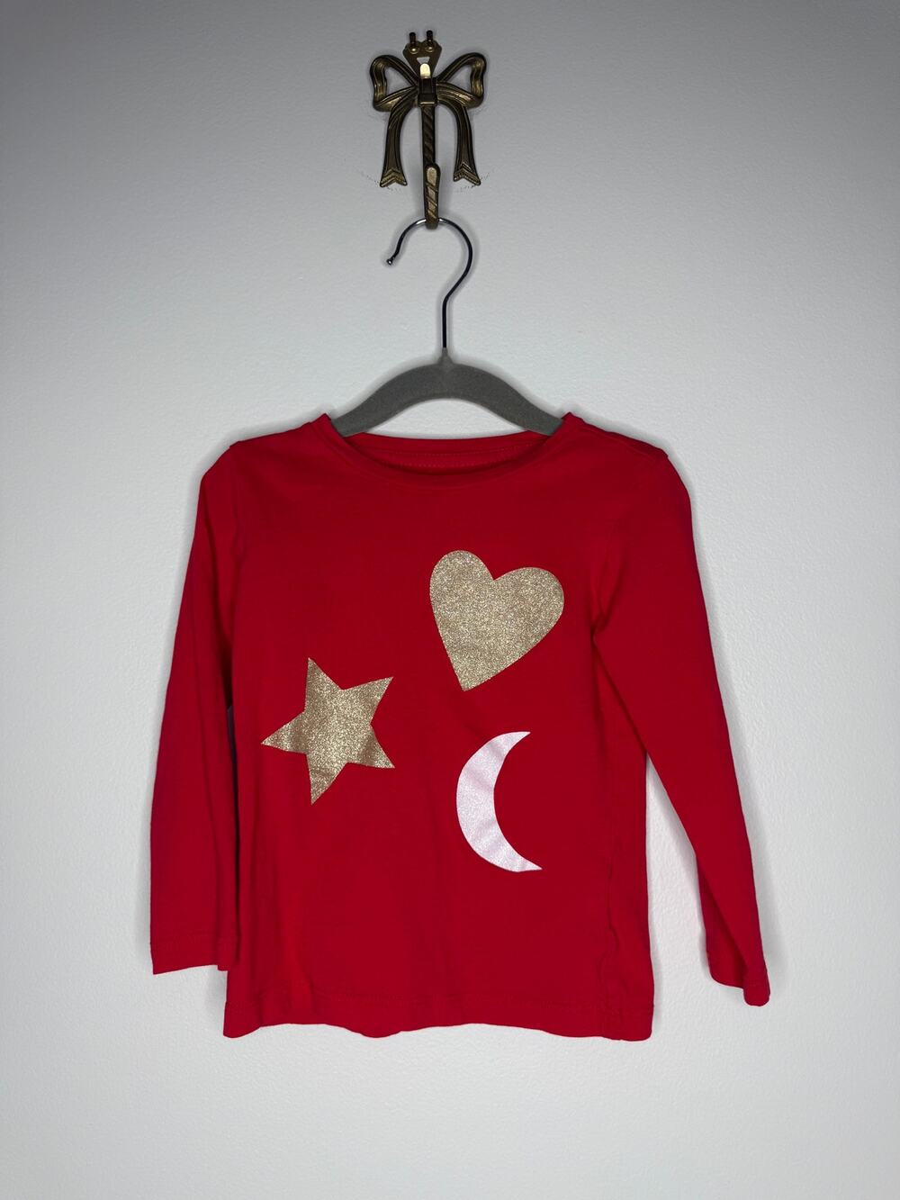 J.Crew CrewCuts Girls Red Long-sleeved Gold Glitter Heart Star Moon Shirt XXS 2